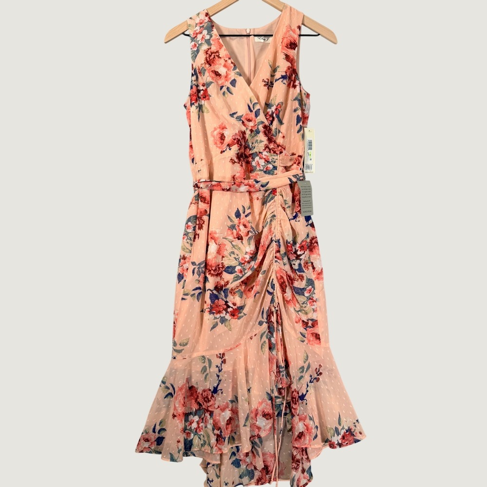 Eliza J Peach Floral Clip Dot High Low Midi‎ Dress Womens 4 New EJ0M1100